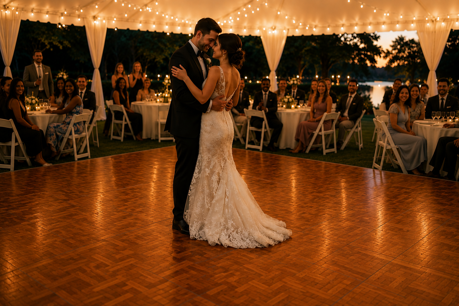 Bride and groom sharing their first dance on a classic parquet dance floor at an elegant outdoor wedding reception during golden hour, featuring premium dance floor rentals by Harbor City Event Rentals in Baltimore, Maryland.