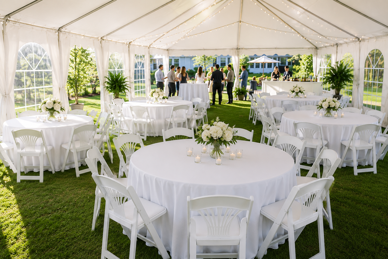 60-inch round table rental seating 6 to 8 guests under a high peak event tent in Baltimore, Maryland