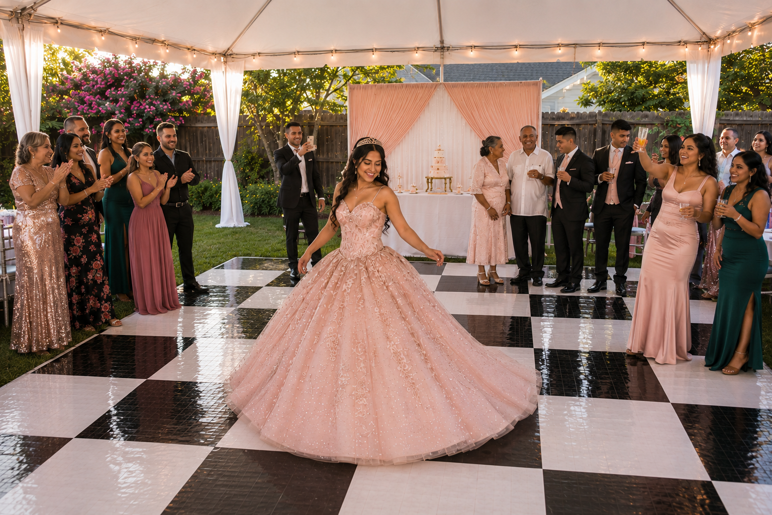 Outdoor backyard quinceañera celebration beneath a white high peak tent featuring a premium black and white checkered dance floor, elegant blush décor, and family celebrating during an afternoon reception in Baltimore, Maryland.
