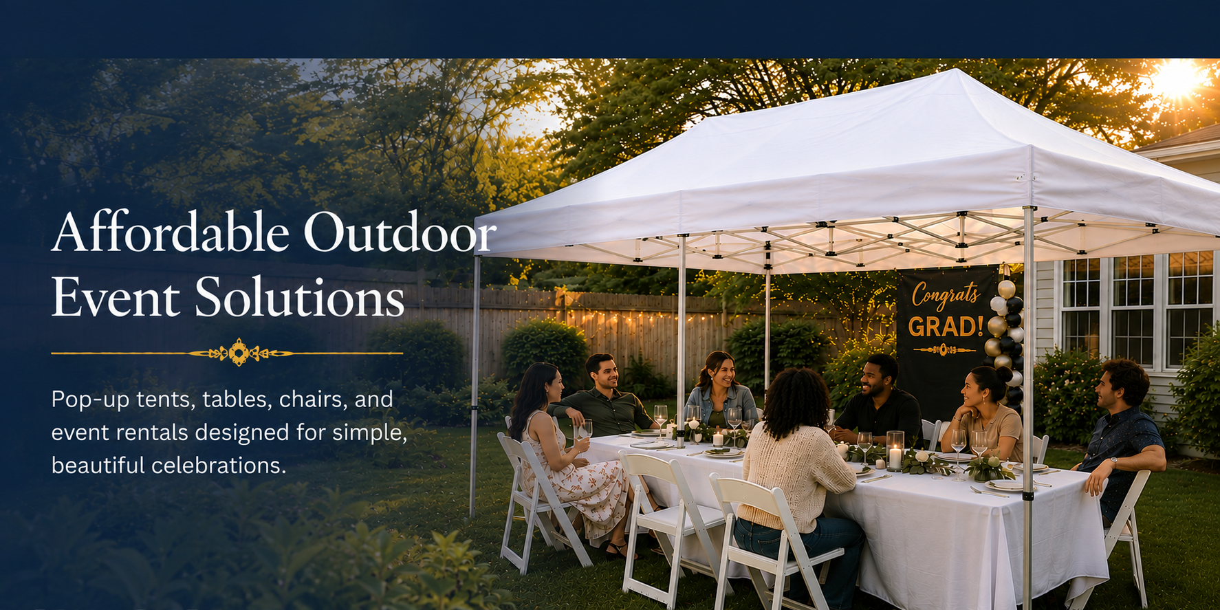 White commercial pop-up tent rental in Baltimore MD for outdoor parties, graduations, birthdays, family gatherings, and events with tables, chairs, and canopy coverage