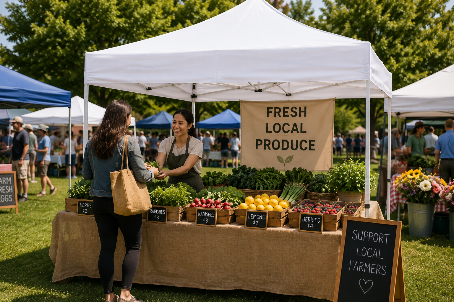 Professional 10×10 white pop-up canopy tent used as a farmers market vendor booth displaying fresh local produce at an outdoor community market in Baltimore, Maryland.
