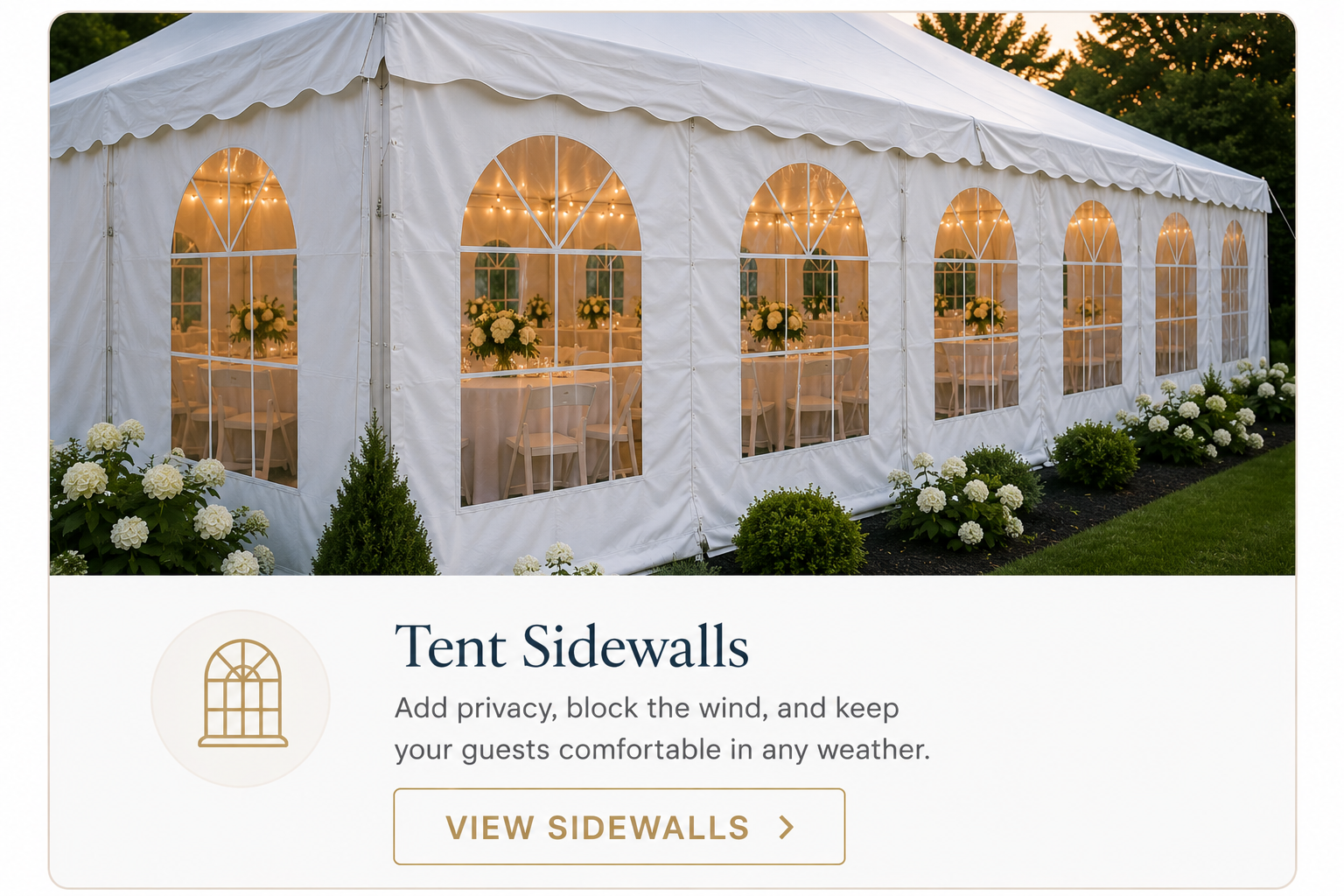 Tent sidewall rentals designed to provide privacy, wind protection, shade, and weather coverage for weddings, graduation parties, corporate events, and outdoor gatherings