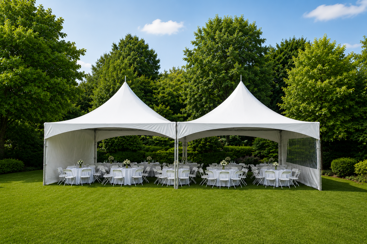 20x40 high peak tent rental featuring banquet seating, round tables, and elegant outdoor event setup in Baltimore, MD.