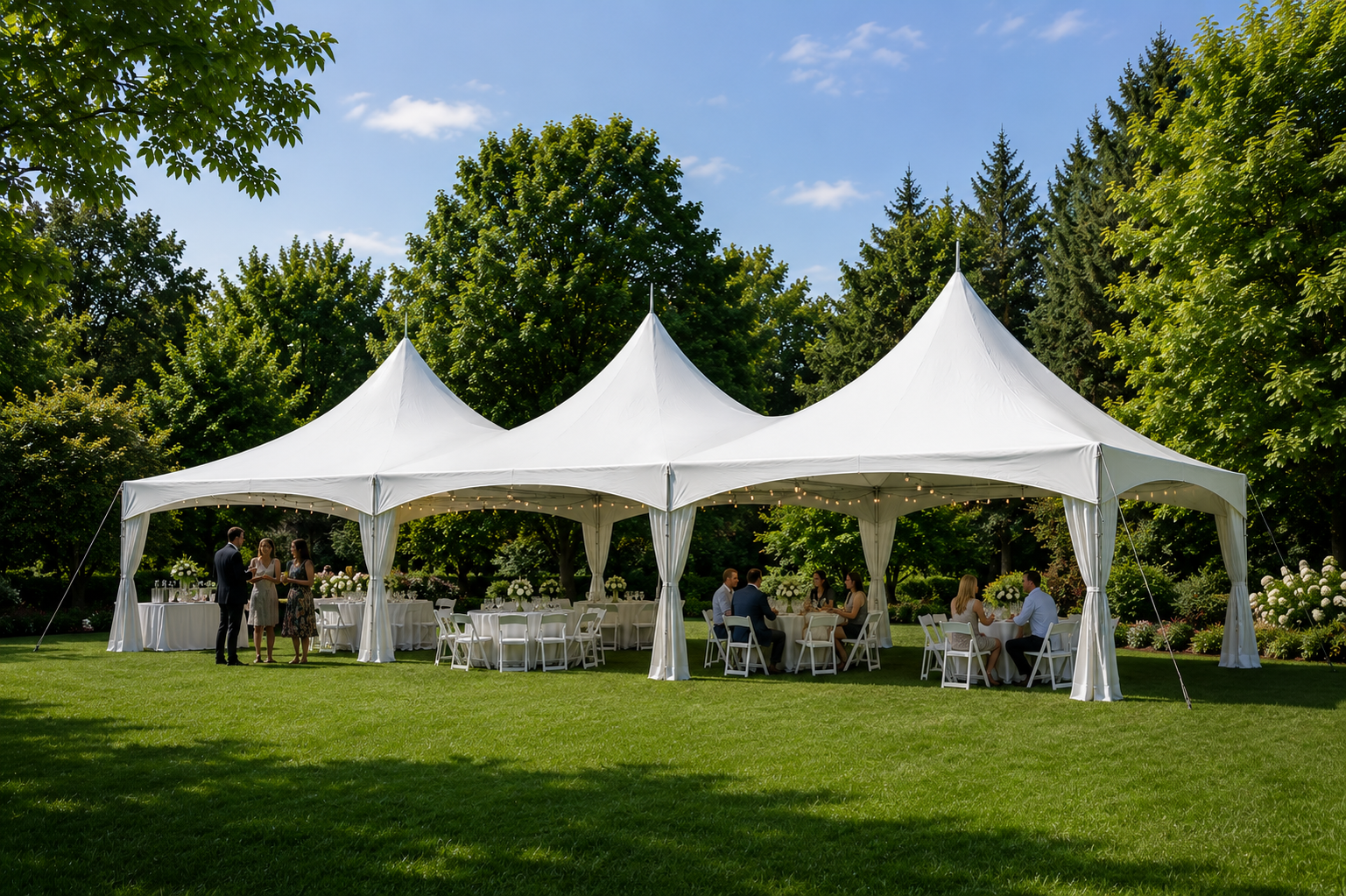 20x60 high peak marquee tent rental with elegant outdoor seating, guests socializing, and white event décor in Baltimore, Maryland.