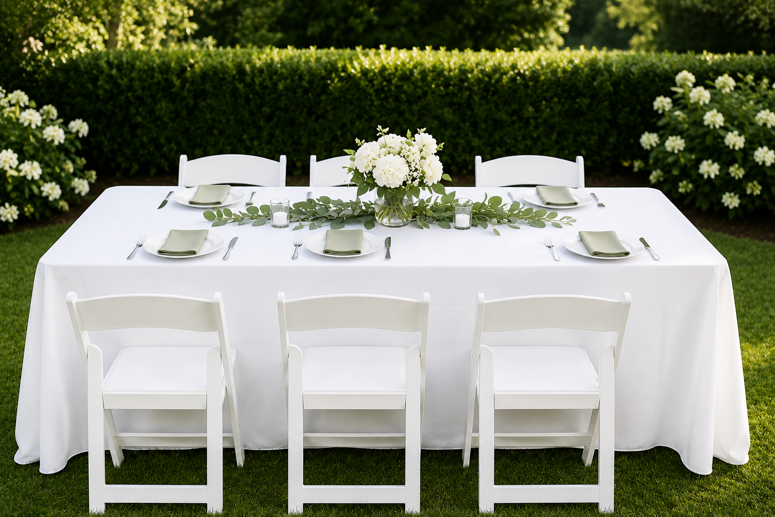 6-foot rectangular table rental with white linens and white resin chairs set for an outdoor event in Baltimore, Maryland.