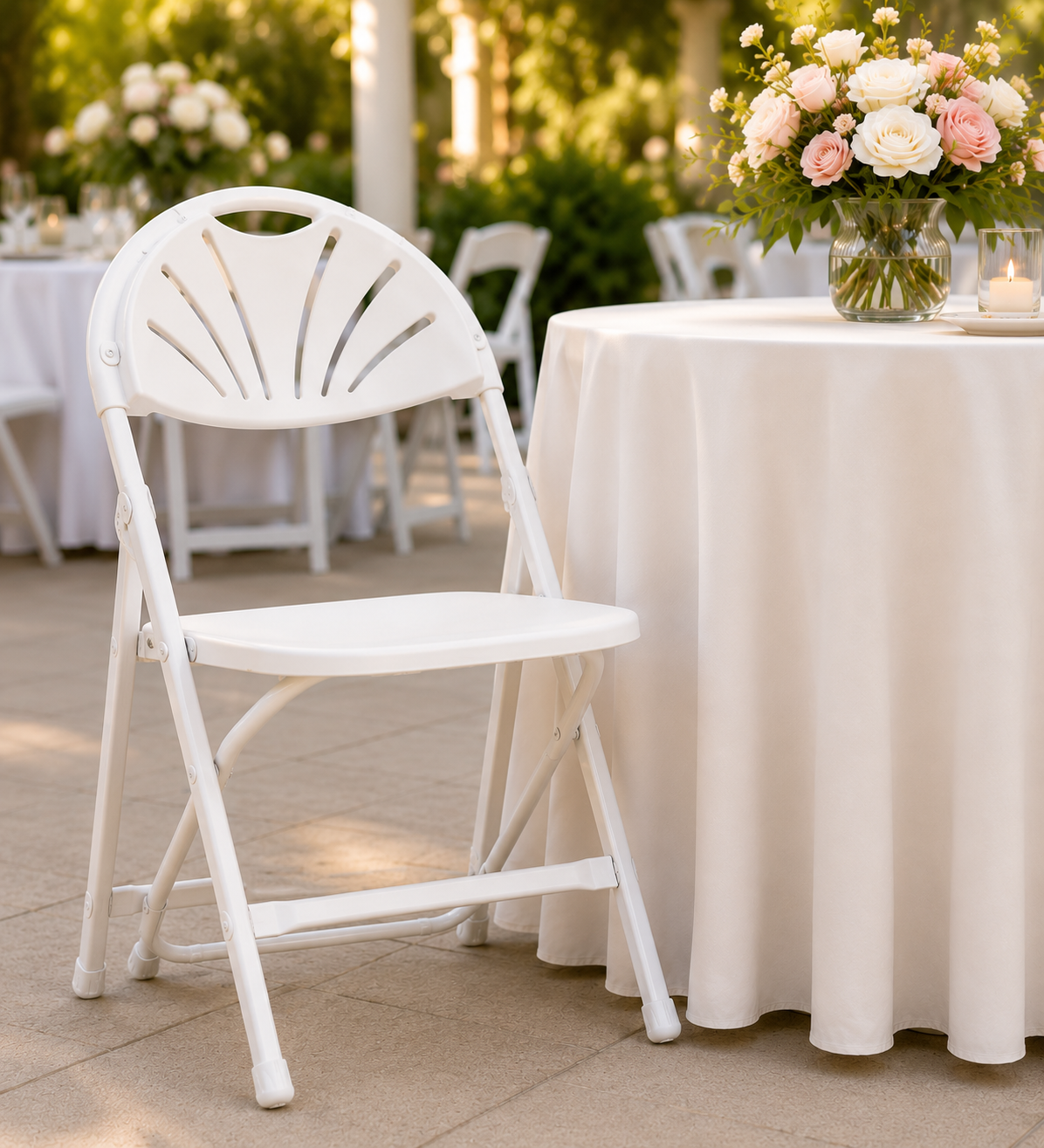 White fanback folding chair beside an elegantly dressed event table with floral centerpiece in an outdoor celebration setting.