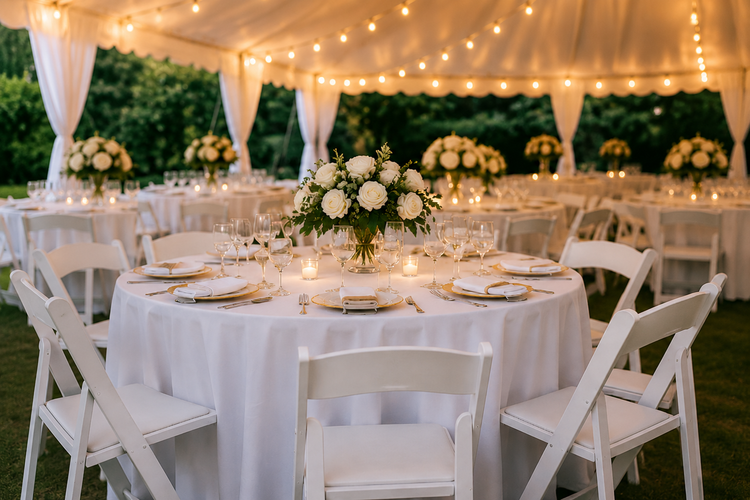 Elegant round table setup with white linens, white resin chairs, floral centerpieces, and bistro lighting beneath a tent for a wedding reception or special event in Baltimore, Maryland.