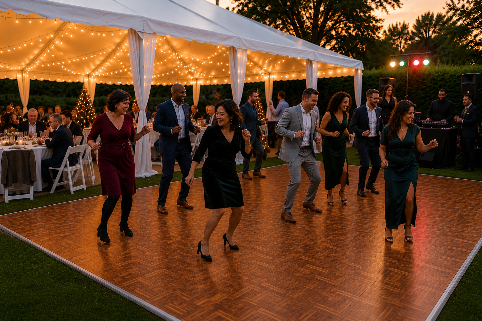 Classic parquet wood dance floor with corporate professionals enjoying a holiday party beneath a high peak event tent with white resin chairs and bistro lighting in Baltimore, Maryland.