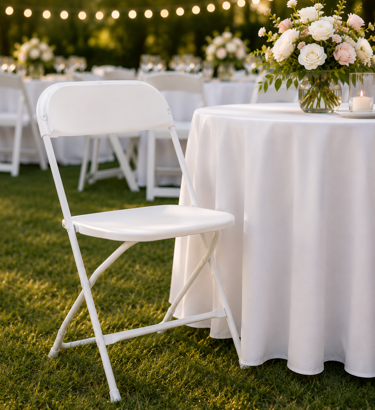White folding chair beside a beautifully decorated event table with floral centerpiece and string lights in an outdoor celebration setting.