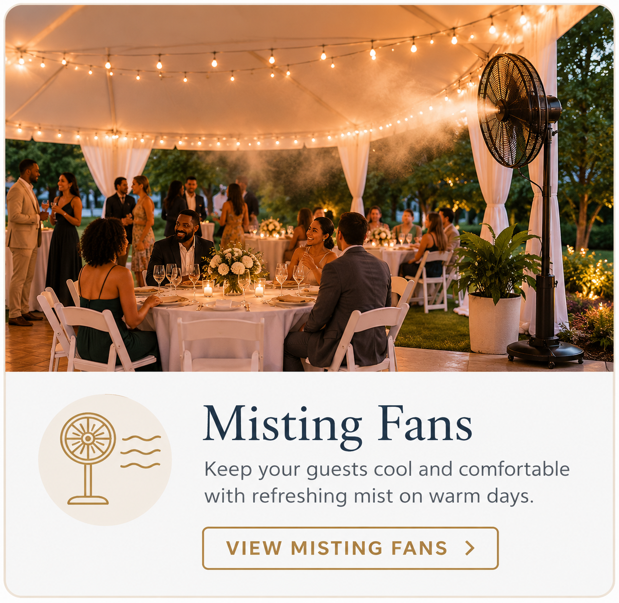 Outdoor wedding reception with premium misting fans keeping guests cool and comfortable beneath a white event tent during warm weather.