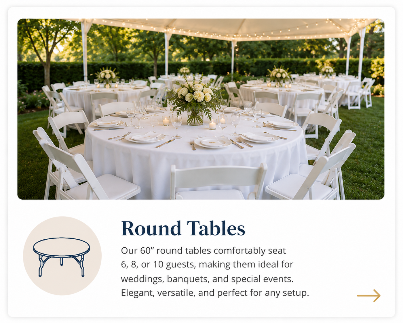 60-inch round tables with white linens and white folding chairs arranged beneath a high peak tent for an elegant outdoor event in Baltimore, Maryland.