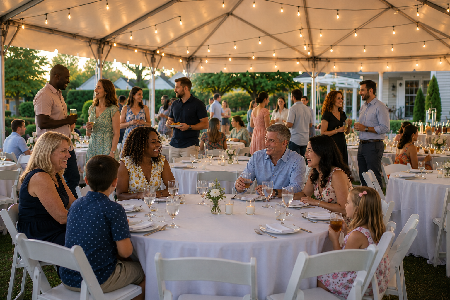 Guests celebrating inside a high peak tent rental setup with white resin chairs, round tables, linens, and event rentals for weddings, graduations, birthdays, and outdoor celebrations in Baltimore Maryland