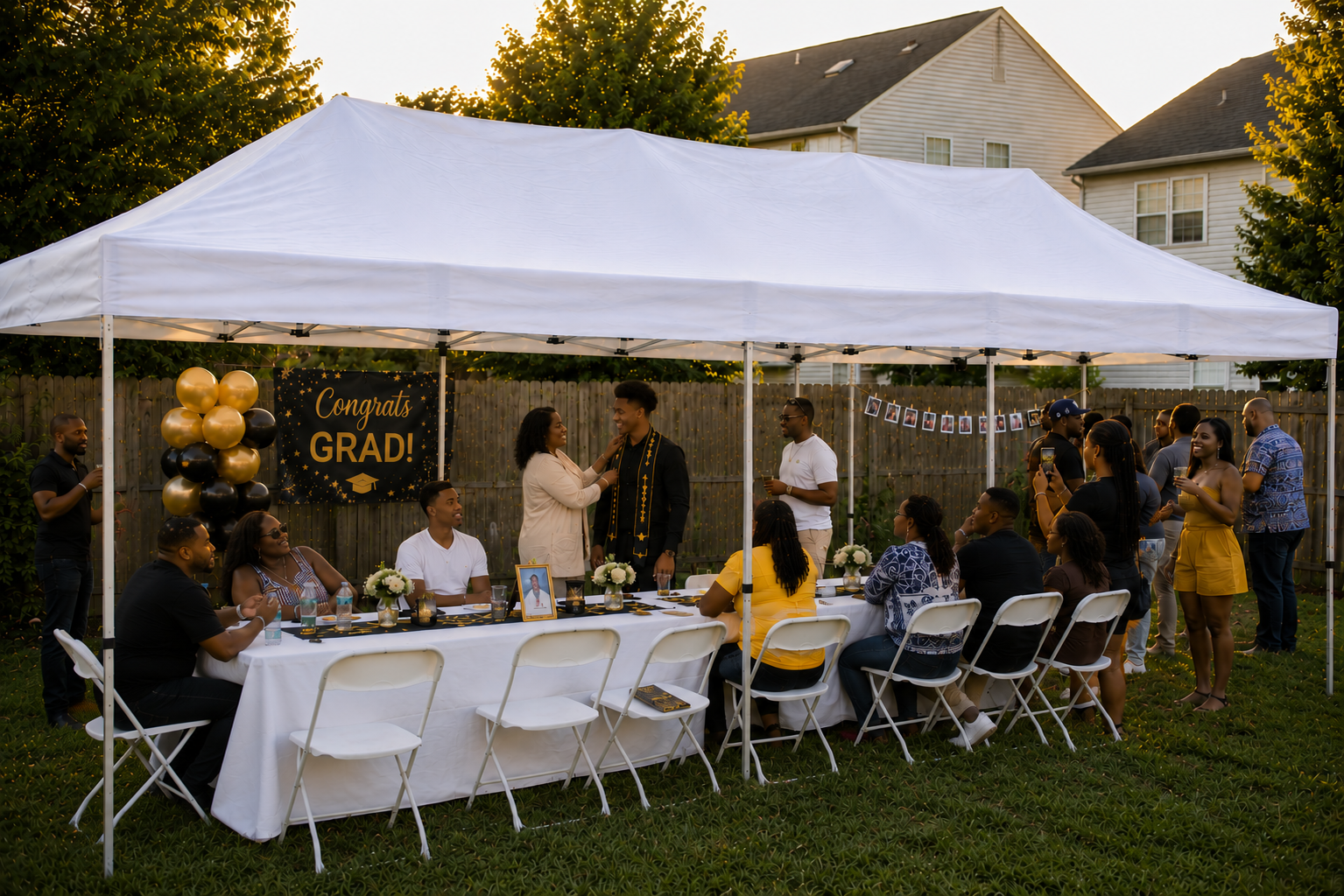 10x20 white pop-up canopy tent rental in Baltimore MD for a backyard graduation party with folding chairs, banquet tables, family seating, and outdoor celebration setup