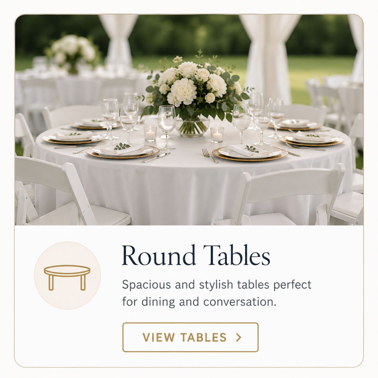 60-inch round table rental with white linens and white resin chairs for weddings and celebrations in Baltimore County.