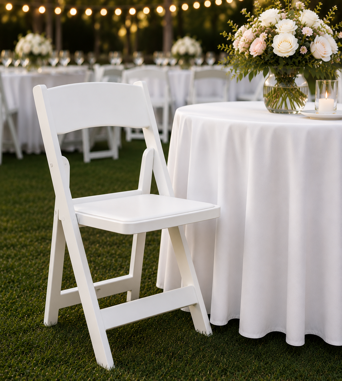 White resin folding chairs surrounding a beautifully decorated wedding reception table with floral centerpieces and string lights at an outdoor celebration.