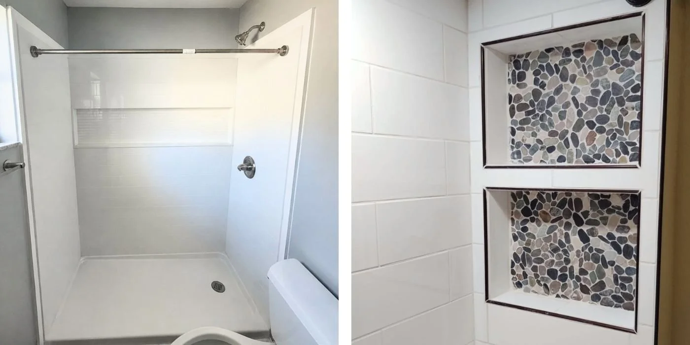 Residential bathroom remodeling and shower installation completed by Keene Plumbing Services in Florida, featuring custom tile shower niches and modern residential plumbing work.