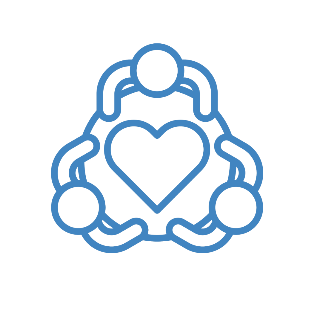 Line drawing of four people holding hands around a heart.