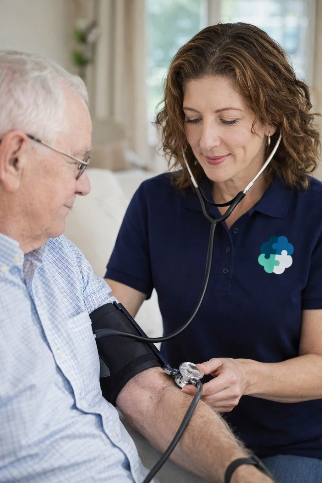 A healthcare professional in a navy blue polo shirt with a medical logo measures an elderly man's blood pressure using a sphygmomanometer.