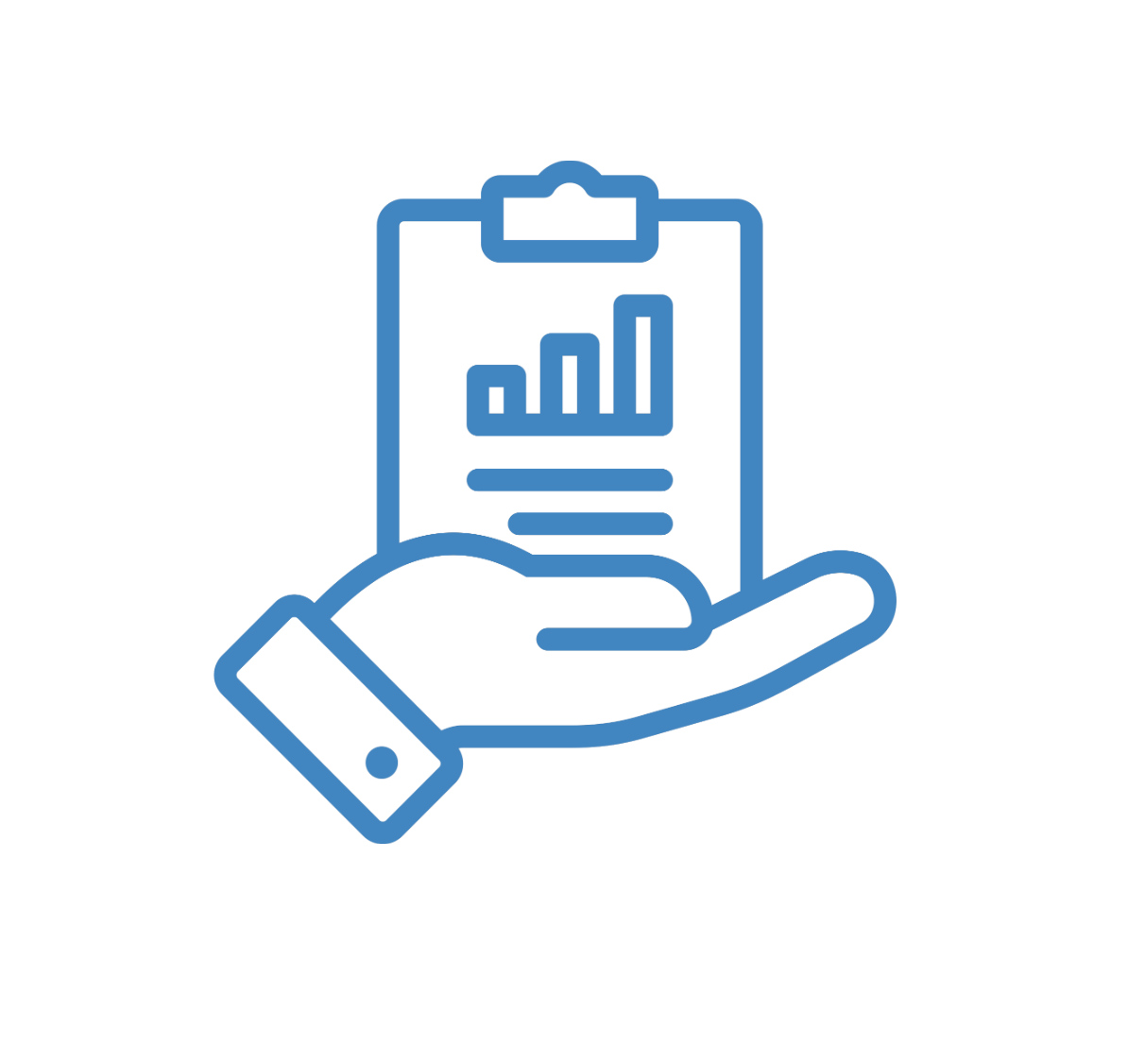 Outline of a hand holding a clipboard with a bar chart.