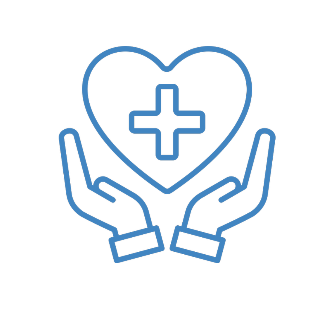 Outline illustration of two hands holding a heart with a medical cross inside.