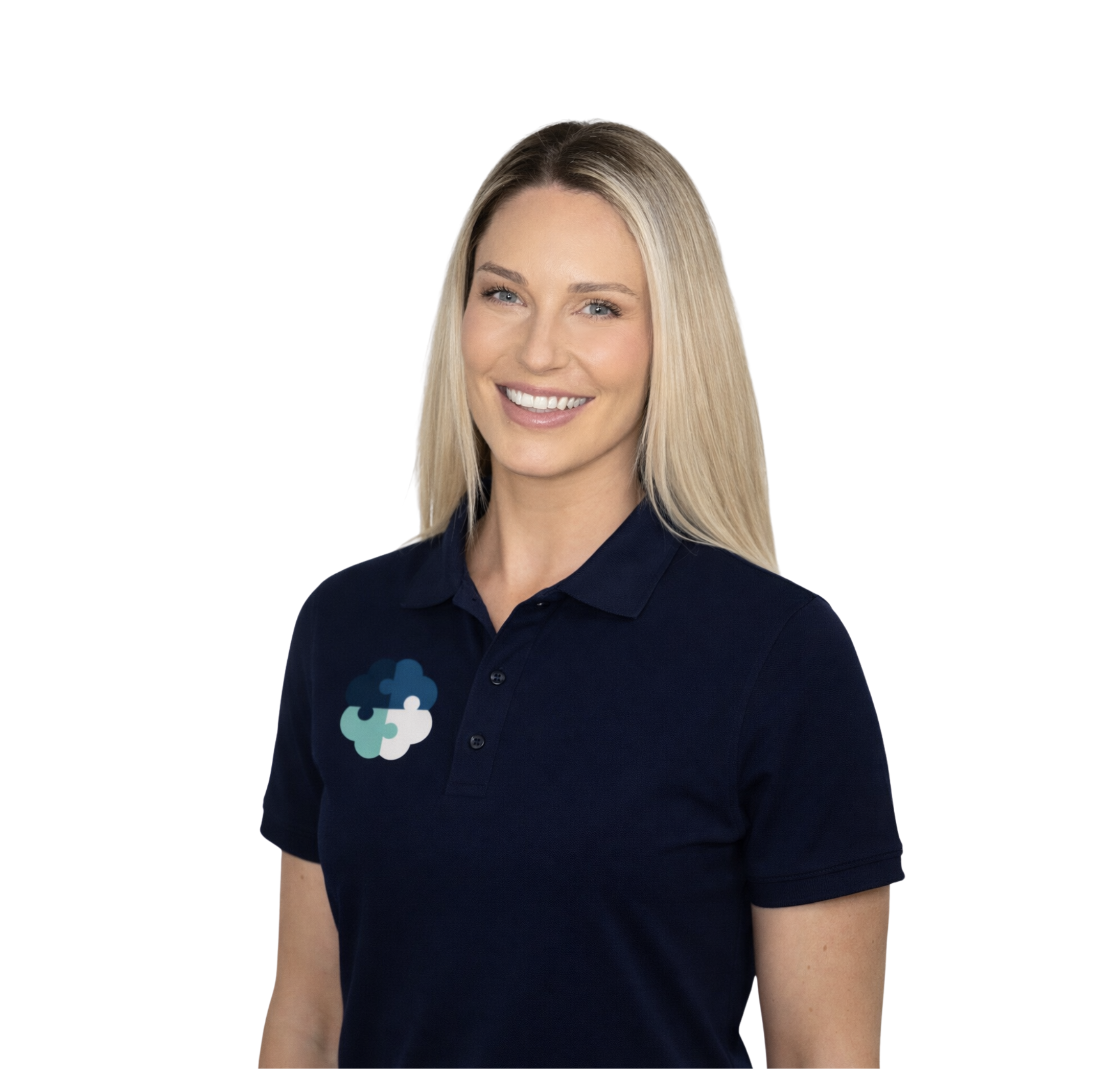 A woman with blonde hair smiling, wearing a navy blue collared shirt with a logo featuring puzzle pieces on the left side.