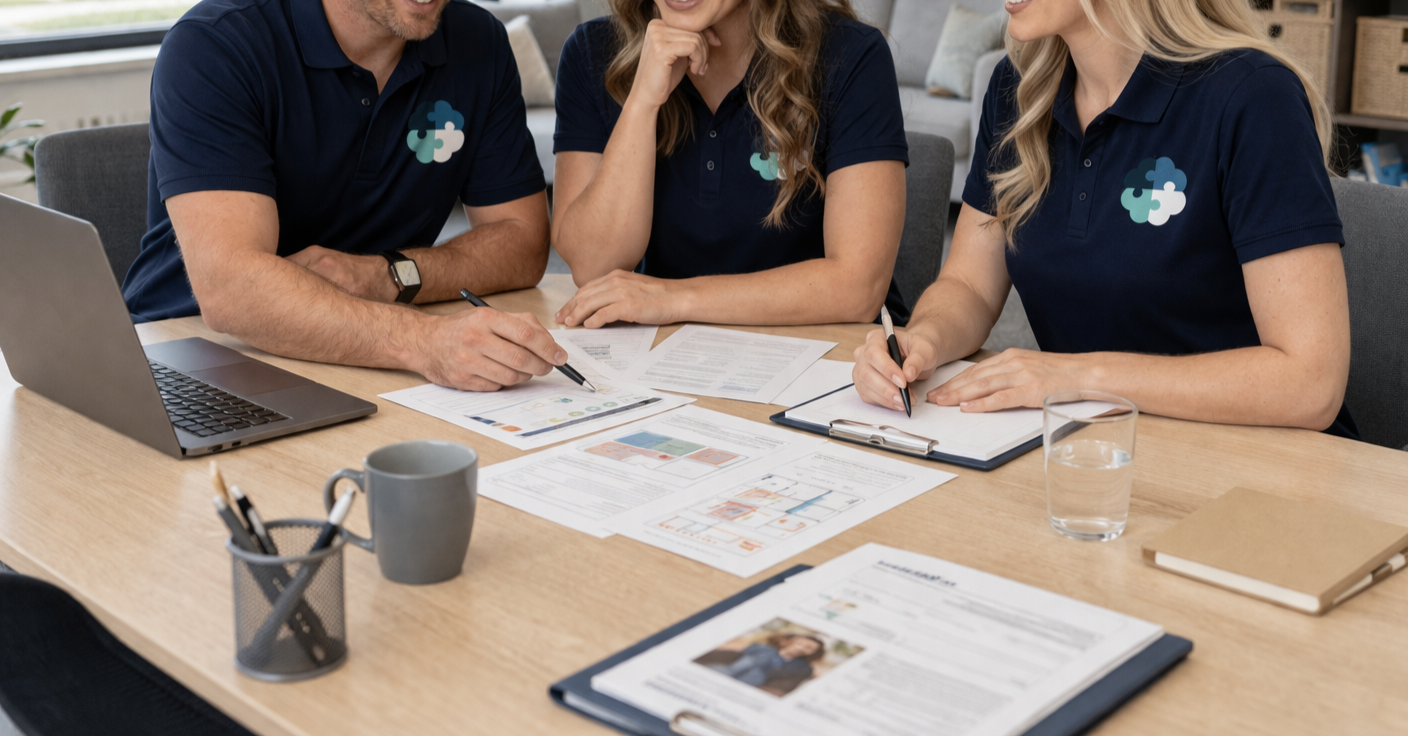 Three people in matching navy polo shirts with puzzle piece logos collaborating over documents at a desk in an office.