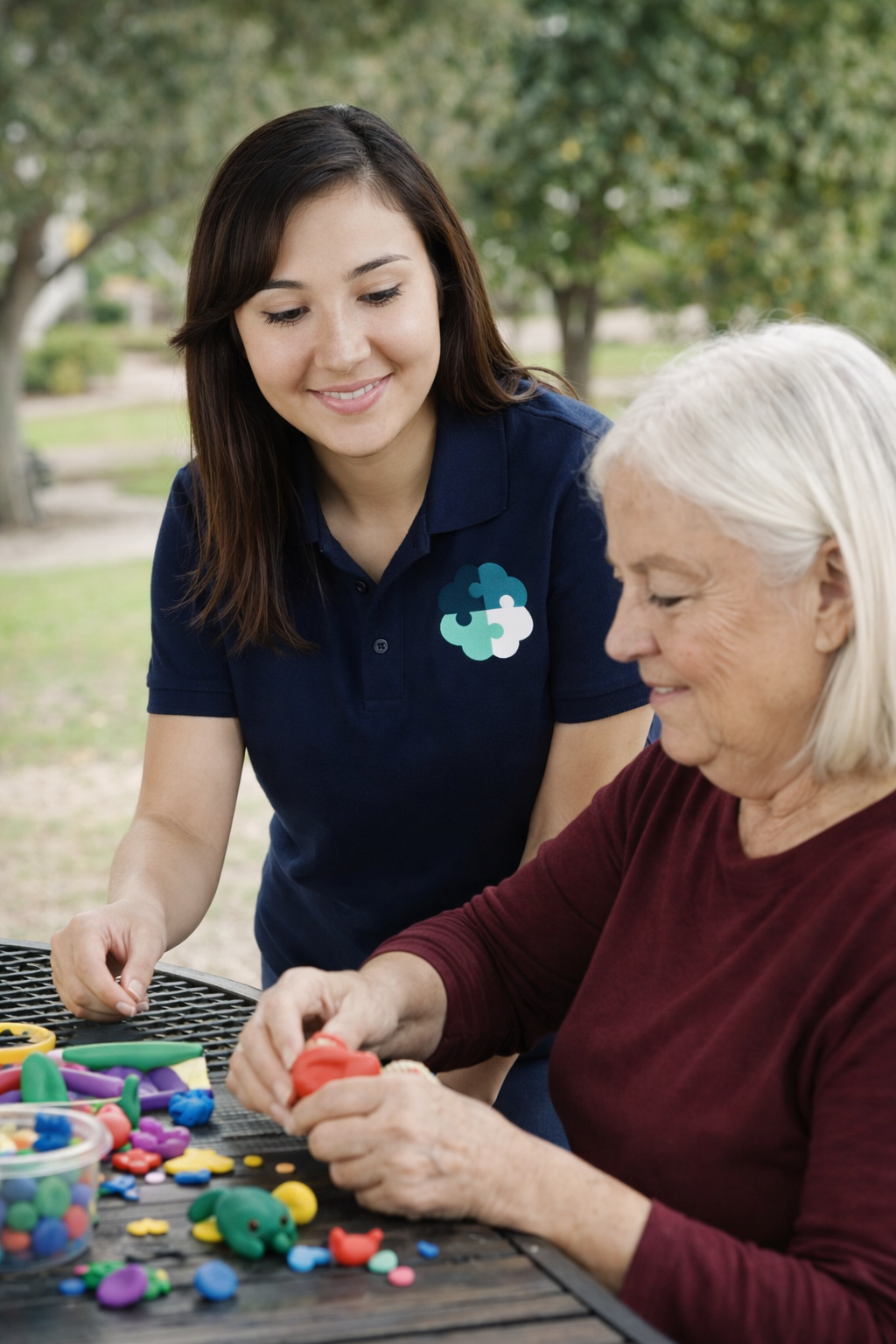 A young woman with dark hair and a navy blue polo shirt assisting an elderly woman with white hair at a table outdoors, playing with colorful modeling clay or Play-Doh.