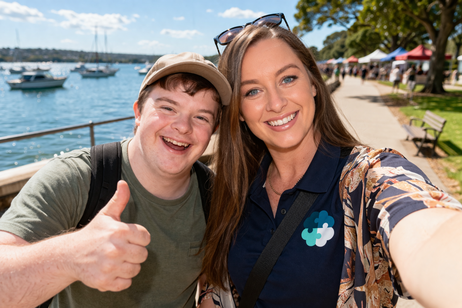 A woman and a young man taking a selfie at a waterfront park on a sunny day, with boats on the water and tents in the background.
