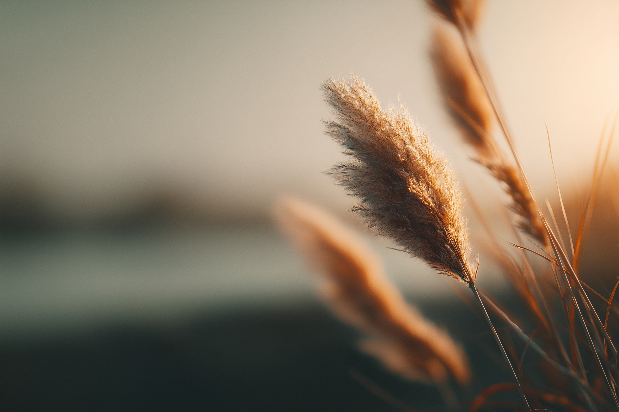 Close-up of dried grass or wheat stalks illuminated by warm sunlight, with a blurred background.