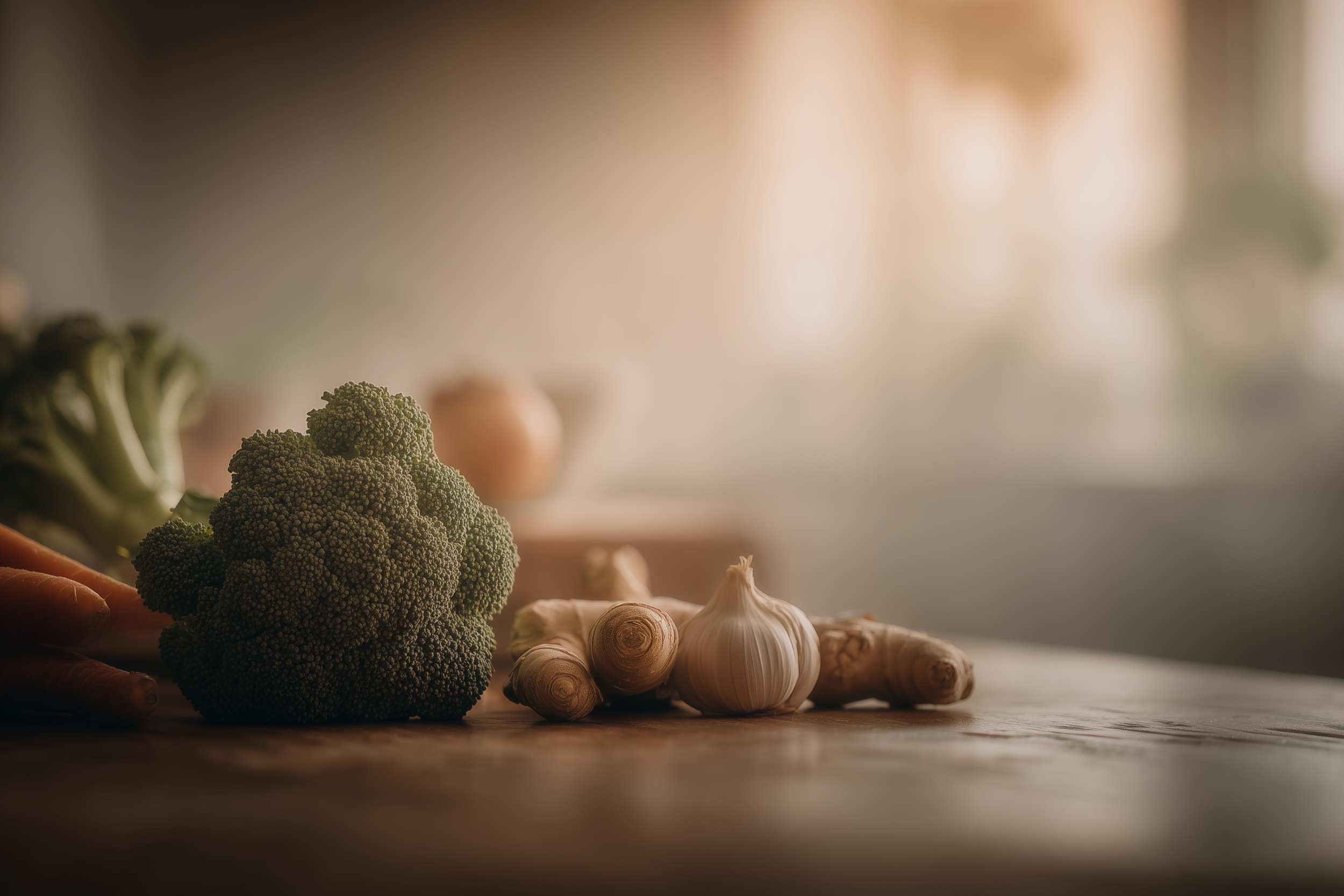 Fresh vegetables including broccoli, garlic, carrots, and onions arranged on a wooden surface with soft natural light.