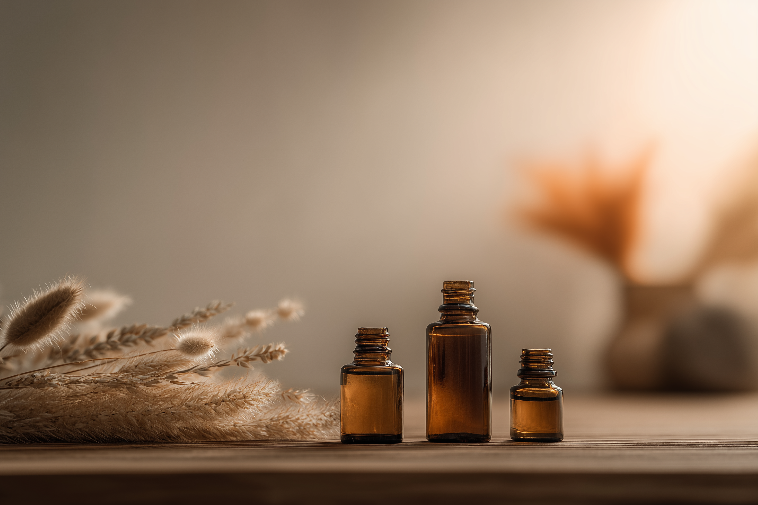 Four small amber glass bottles of essential oils arranged in a row on a wooden surface, with dried grasses and pampas/plume grass, and a blurred background of soft natural light.