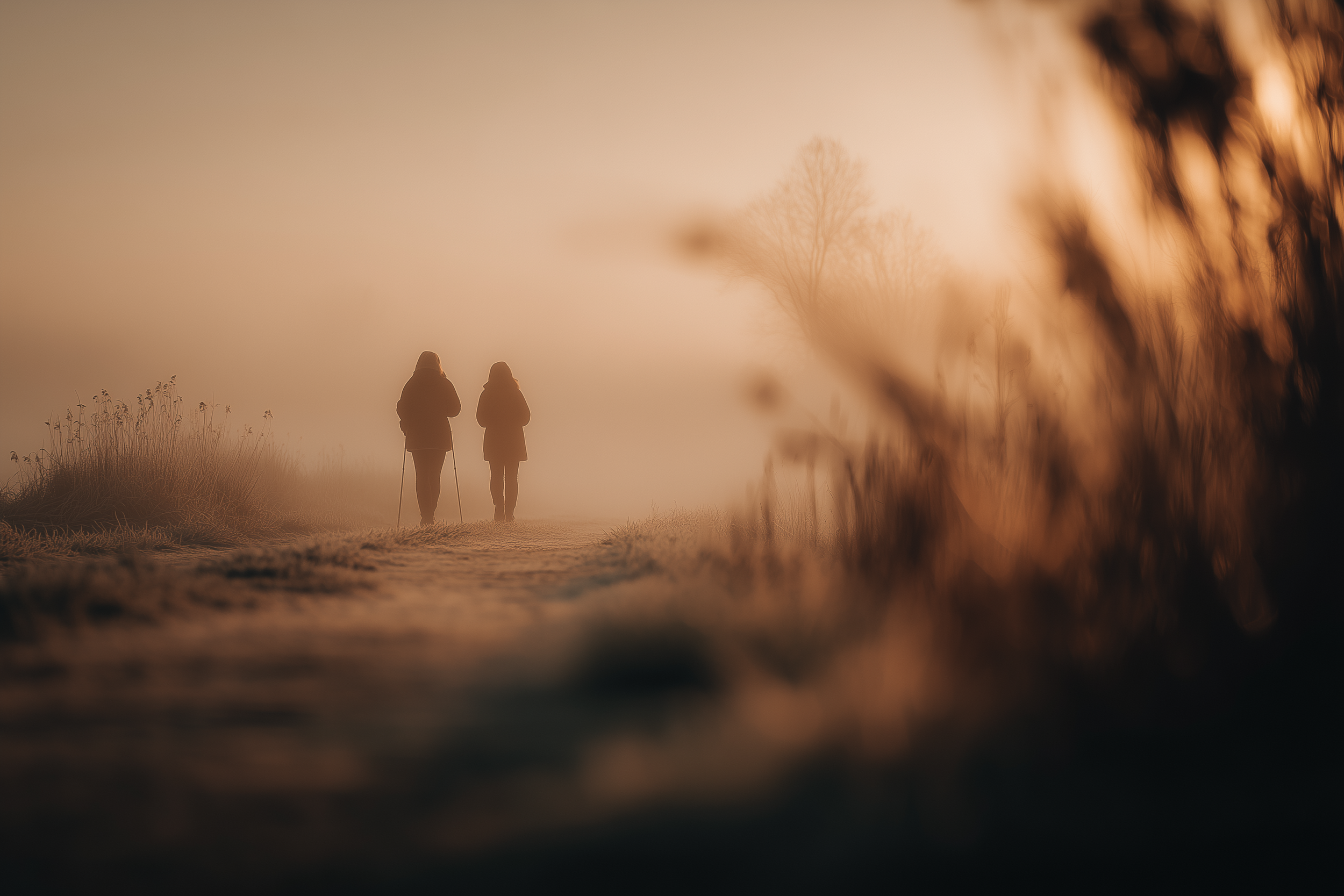 Two people walking on a path at sunset, surrounded by tall grasses and trees, with warm orange and brown tones.