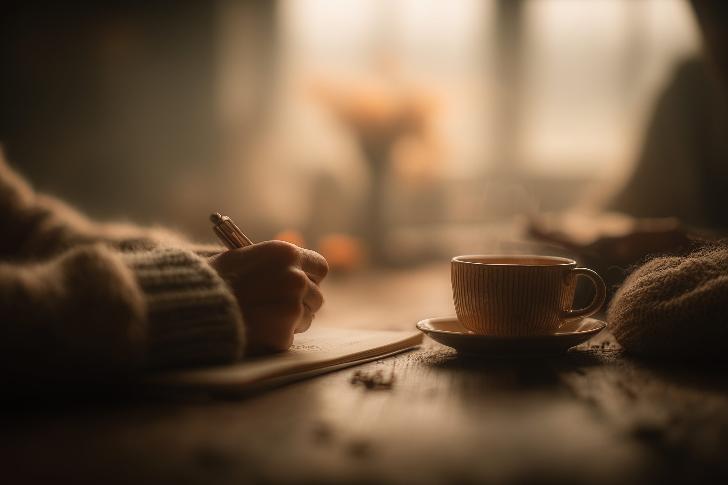 Close-up of a person's hand holding a pen above an open notebook, with a steaming coffee mug on a saucer nearby, in a cozy setting with warm lighting