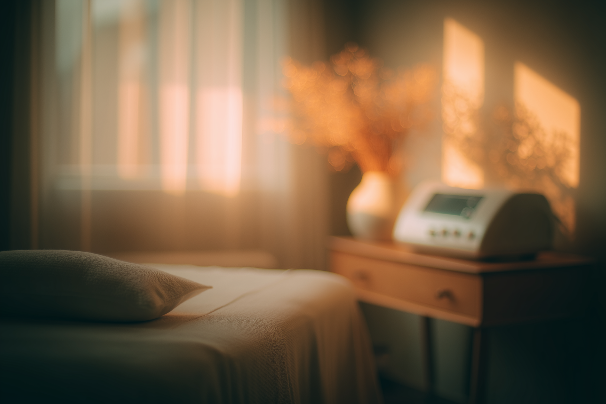A softly lit bedroom scene with a bed in the foreground, a pillow, and sunlight filtering through curtains. A bedside table with a lamp and a digital device is visible in the background.