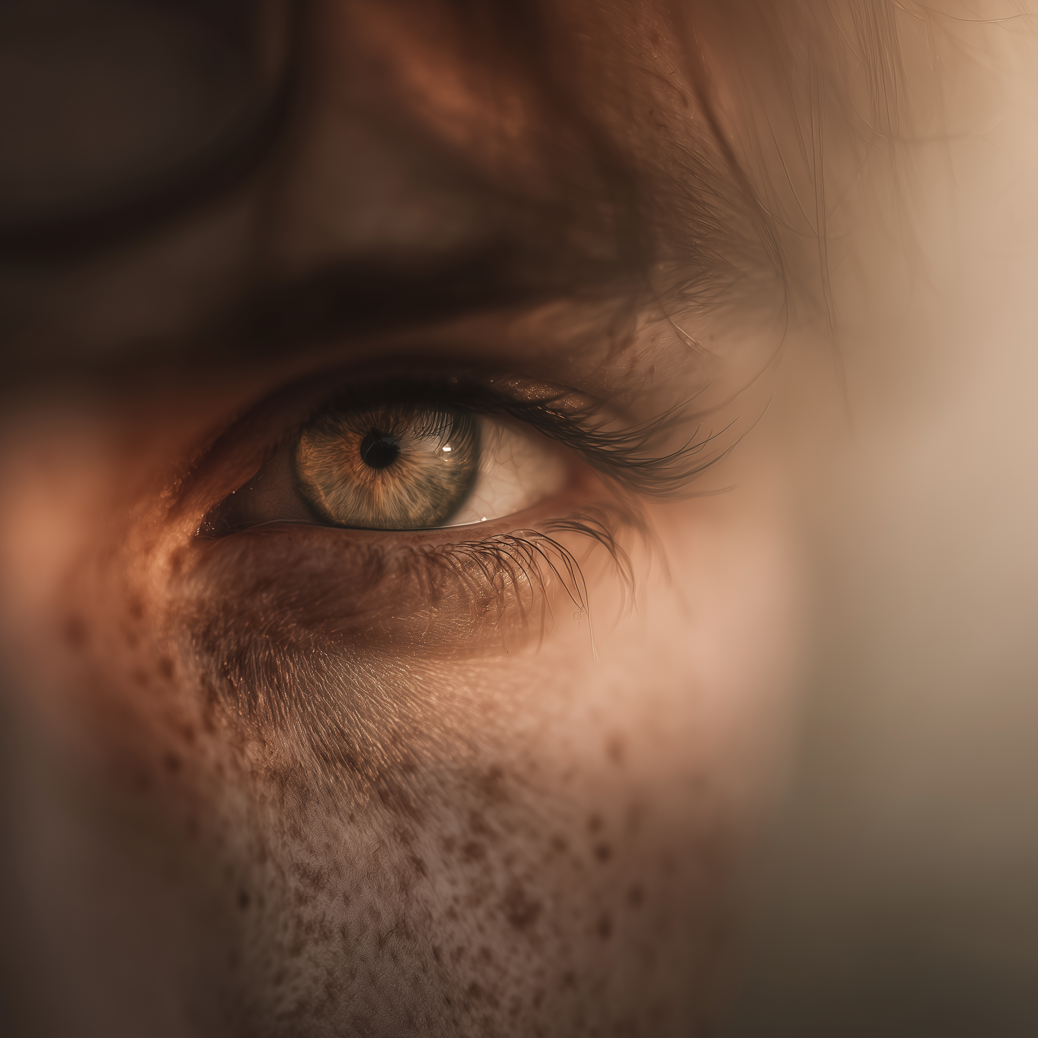 A close-up of a human eye, showing the brown iris, eyelashes, and surrounding skin details.