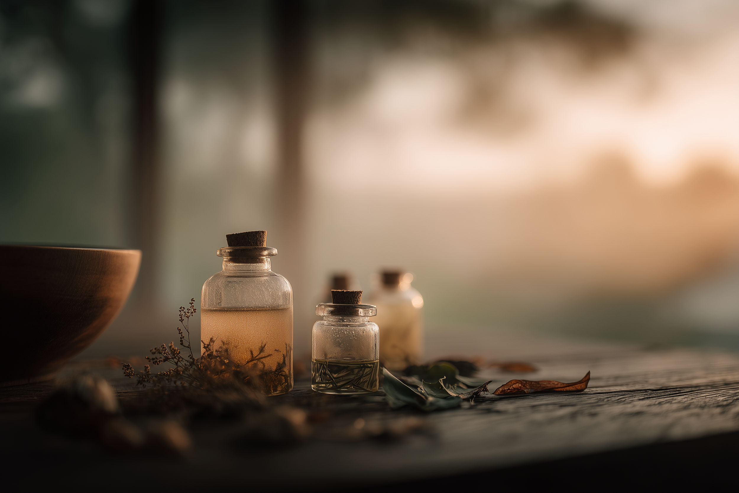 A collection of glass bottles with cork stoppers, varying in size and shape, placed on a rustic surface with dried herbs and leaves, against a softly blurred background illuminated by warm, natural light.