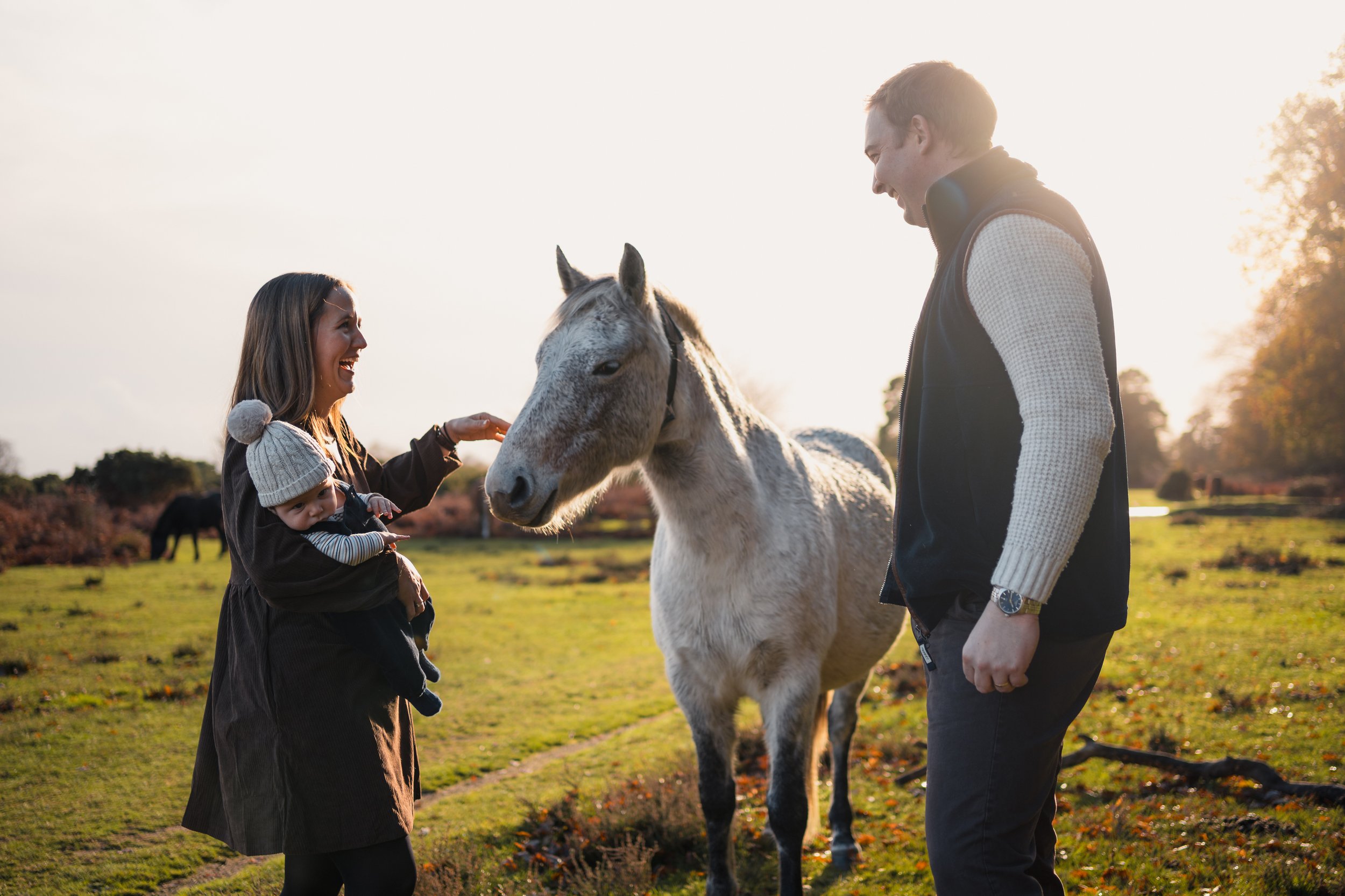 A woman holding a baby and a man are smiling and reaching out to a gray horse in a grassy field during sunset.