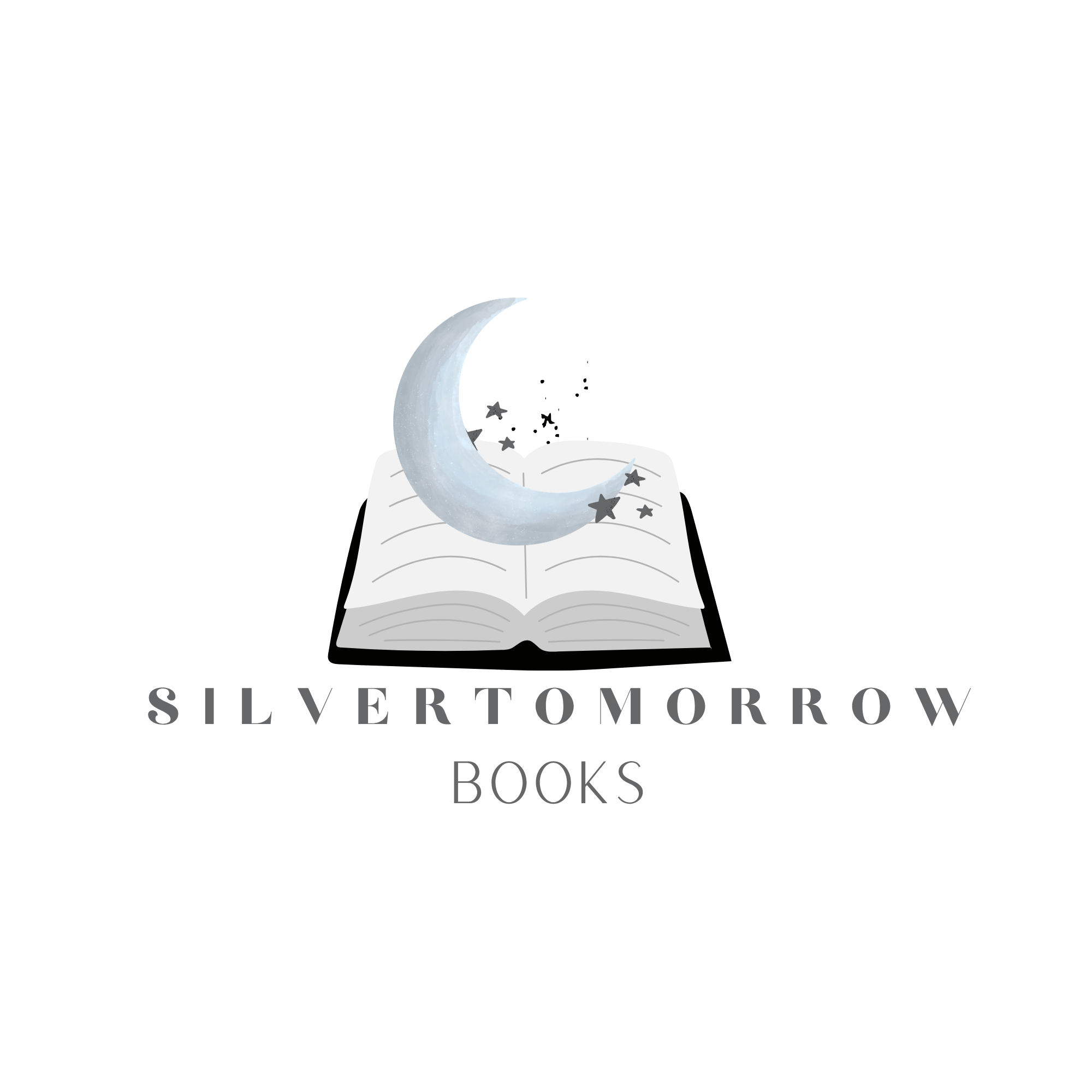 Silvertomorrow Books logo, a moon coming out of the center of an open book.