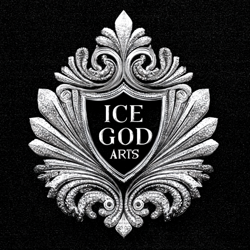 Silver ornamental crest with intricate baroque flourishes framing ‘Ice God Arts’ text on a black textured background