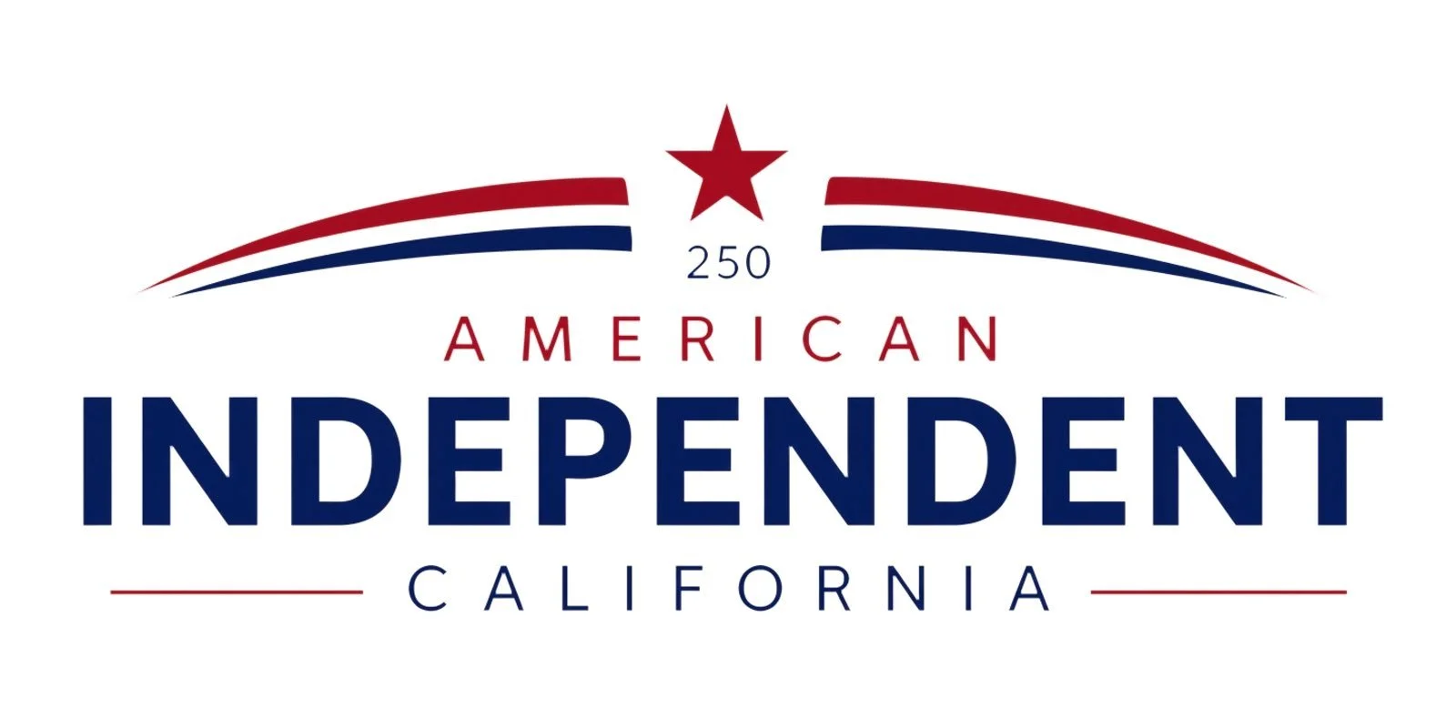 Logo for American Independent California with red and blue patriotic colors, a star at the top, and the text '250 American Independent California'.