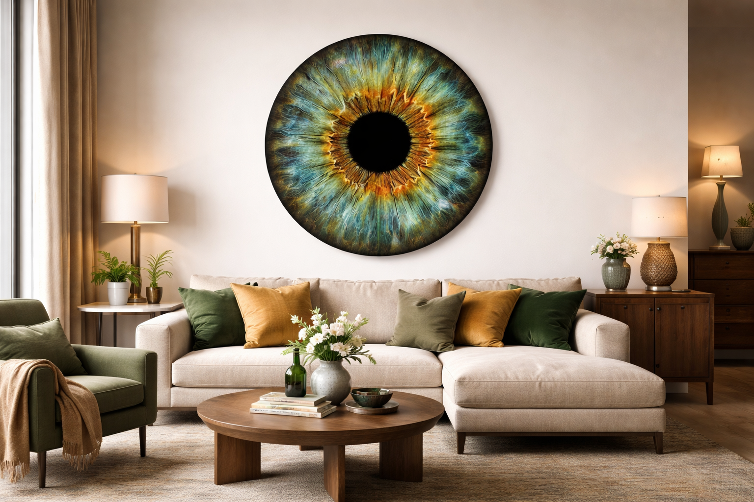 Living room with a large abstract eye artwork on the wall, beige sofa with green and yellow pillows, wooden coffee table with book and vase with flowers, side tables with lamps and potted plants, and a green armchair with a beige throw blanket.