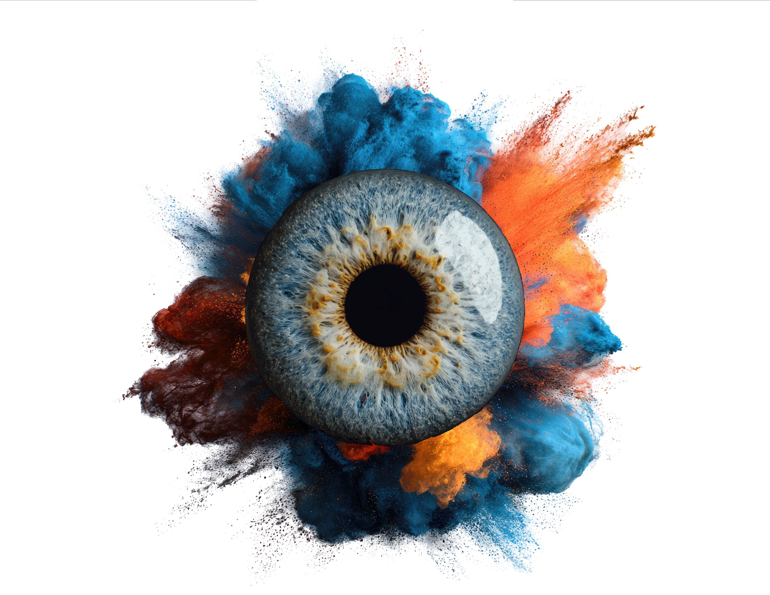 A digital illustration of an eye with blue, white, and orange colored powder splashes around it.