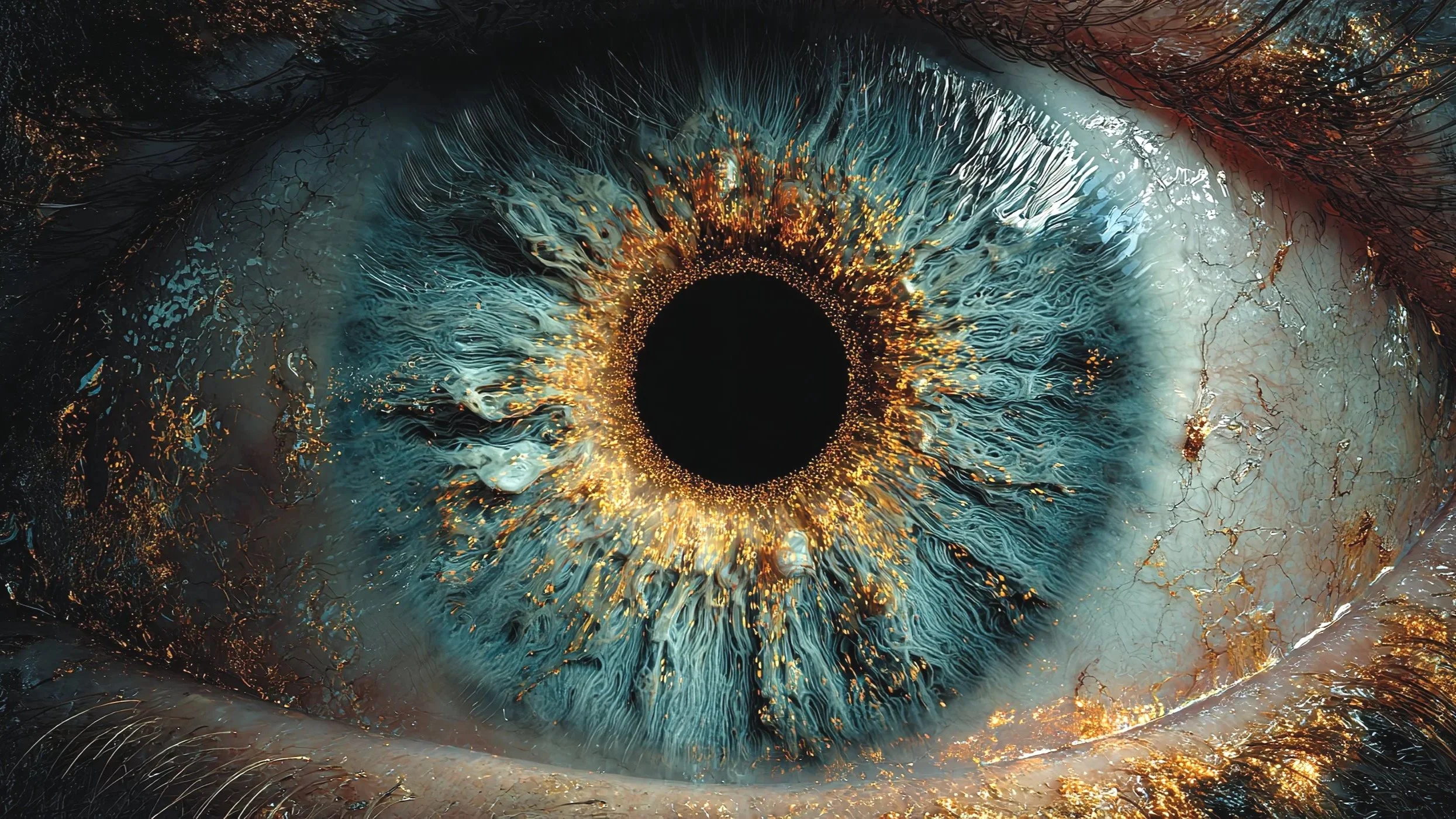 Close-up of a human eye with an artistic and surreal design, featuring vibrant colors, intricate textures, and decorative elements around the iris.