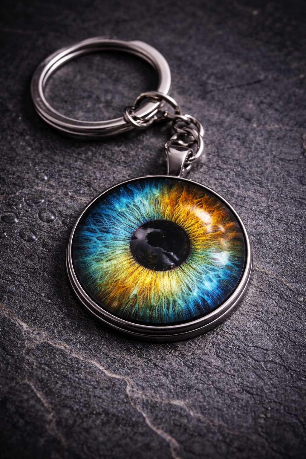 Keychain with a circular pendant featuring a realistic, colorful eye design on a textured dark background with water droplets.