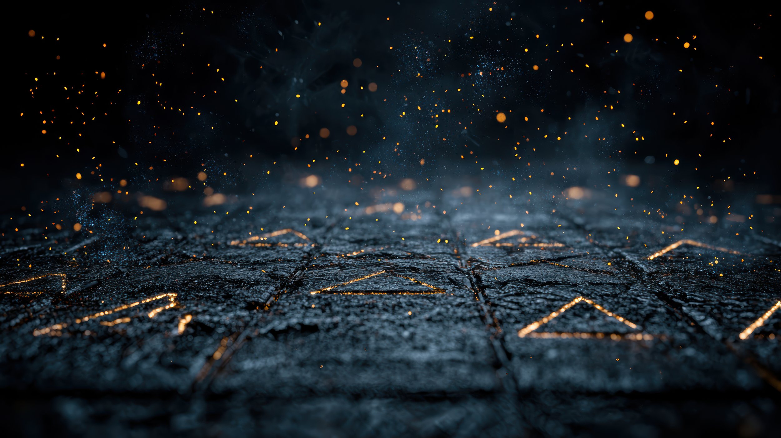 Close-up of a digital, glowing triangle chessboard with illuminated triangle symbols, particles floating in the air, and a dark, textured surface.
