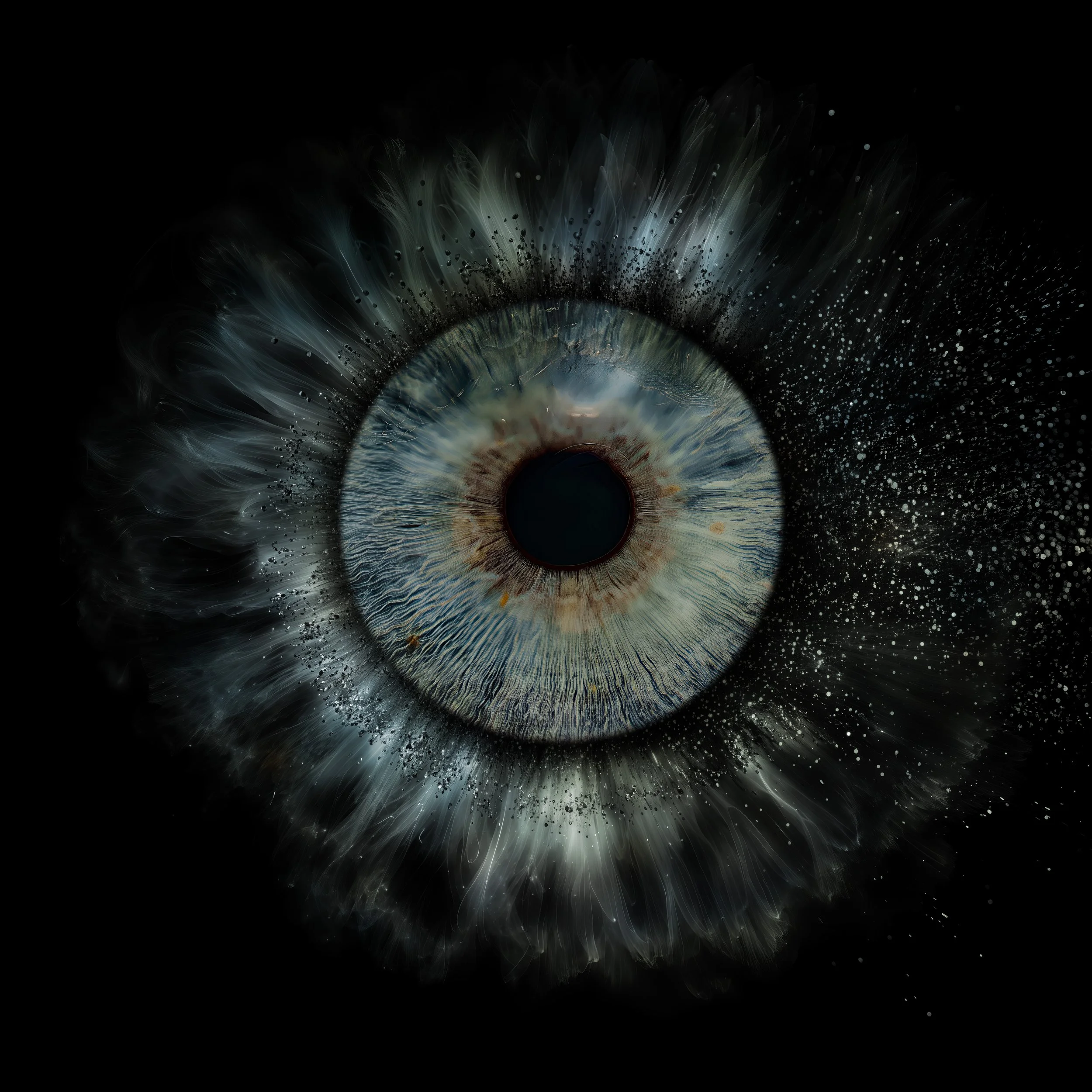 A close-up of a colorful human eye with a dark background, showcasing intricate details and vibrant colors in the iris.