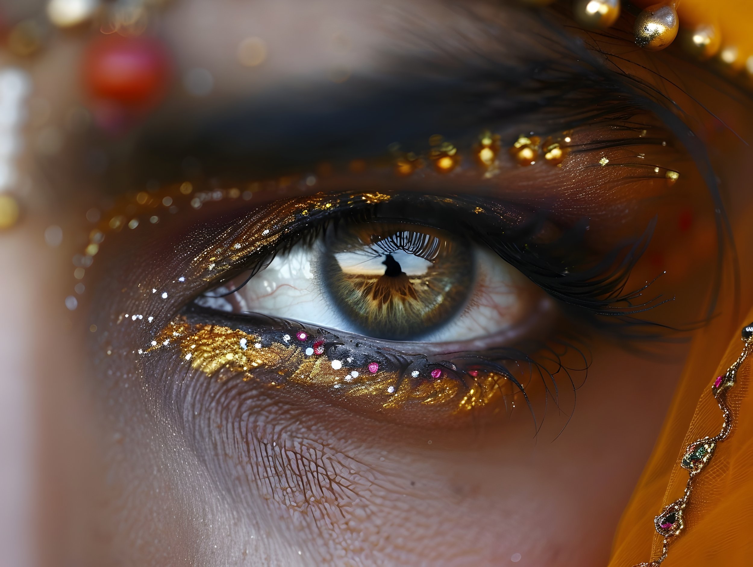 Close-up of a human eye with intricate makeup, gold and colorful glitter, and a reflection of a person and landscape in the iris.