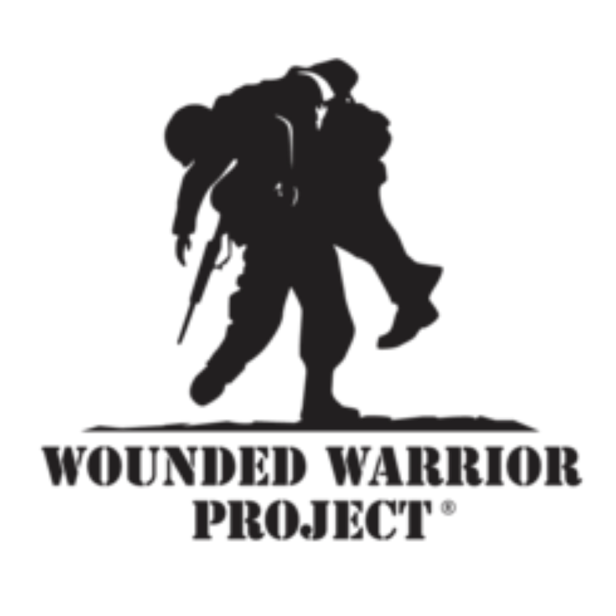 Silhouette of a soldier carrying a person in his arms, with the text "Wounded Warrior Project" below.