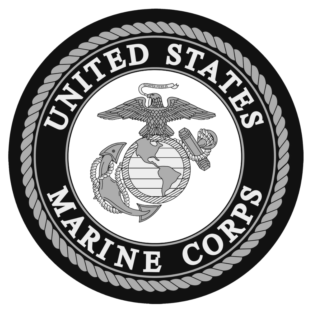 United States Marine Corps emblem with eagle, globe, and anchor in black and white