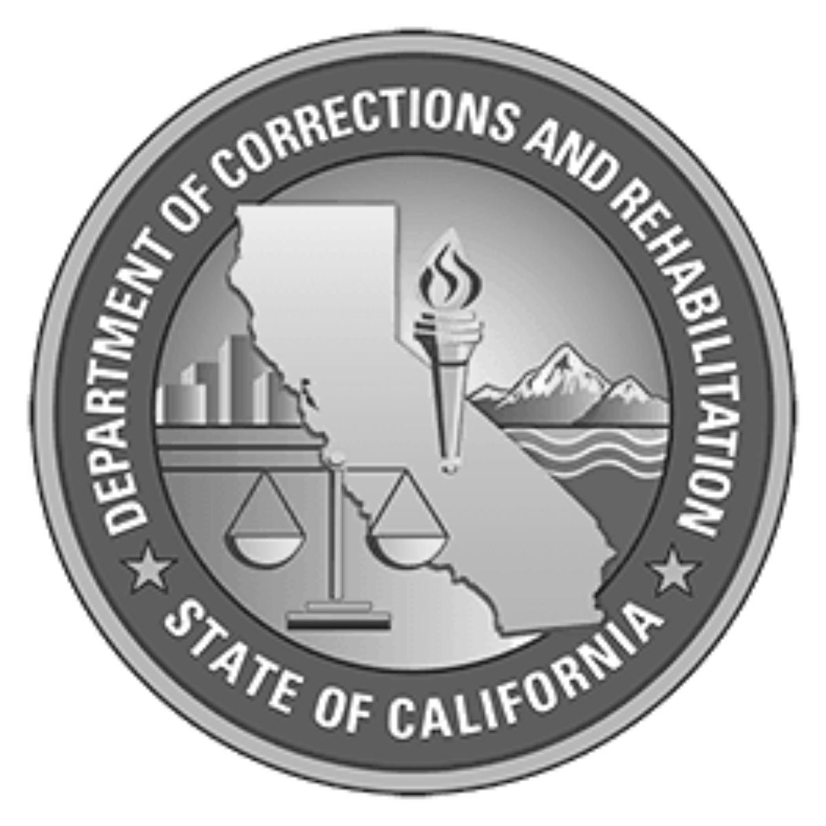 Medal of the California Department of Corrections and Rehabilitation featuring a scale, a torch, a mountain, and the outline of California state.